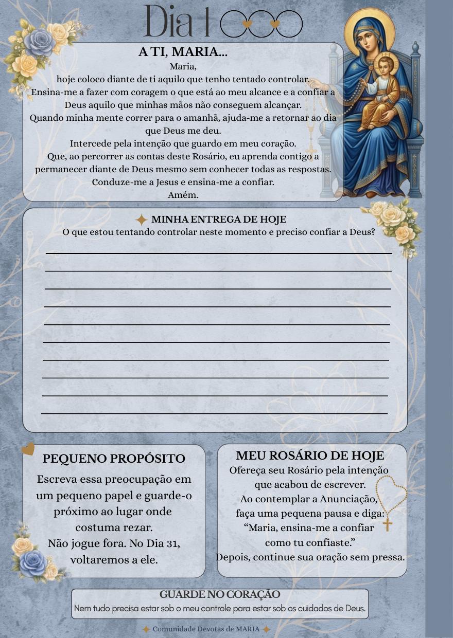 Página do Dia 1 com a oração A Ti, Maria, Minha Entrega de Hoje e Guarde no Coração